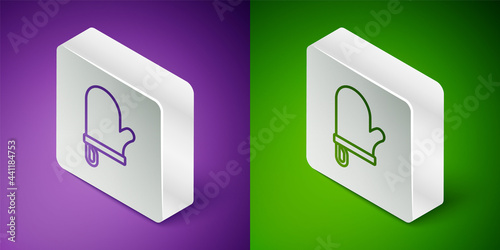 Isometric line Oven glove icon isolated on purple and green background. Kitchen potholder sign. Cooking glove. Silver square button. Vector