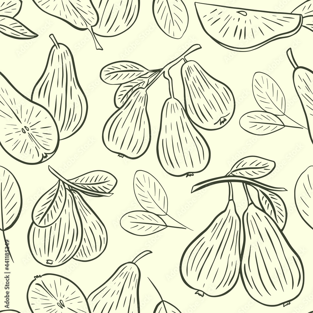 Pear sketch seamless pattern, vector. Wallpaper whole pear, on a branch, half and leaves. Background with fruits hand drawing.