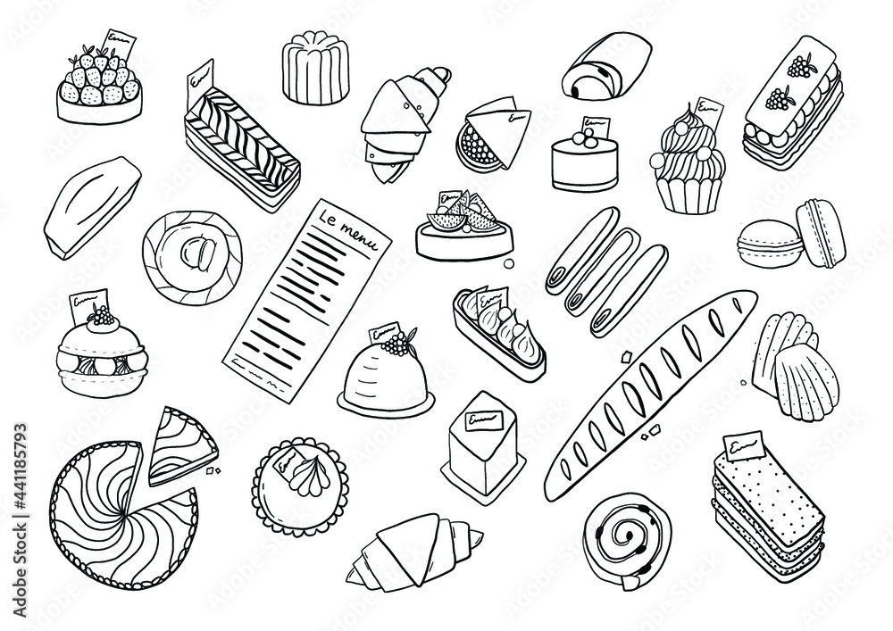 Hand drawn french desserts on white background Hand drawn french desserts on white background