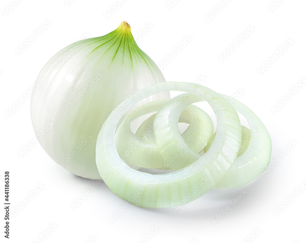 Peeled onion bulb isolated. Whole onion and onion rings on white background. Full depth of field. With clipping path. - obrazy, fototapety, plakaty 