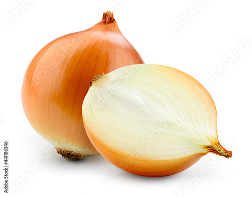 Onion bulbs isolated. Whole golden onion bulb and a half on white background. Full depth of field. With clipping path.