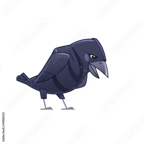 Sad crow. Cartoon raven bird character. Vector illustration isolated on white background