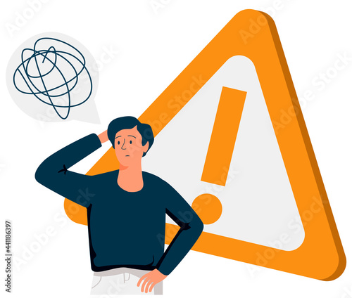Exclamation point, error, warning, limitation, and cute man. A pensive man stands at the exclamation mark. Error, warning, limitation. Flat line elegant vector illustration on white