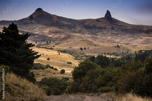 Mountain tops with interesting shapes in open field near Junin de los Andes  a little town in Neuqu  n Province  Argentina.