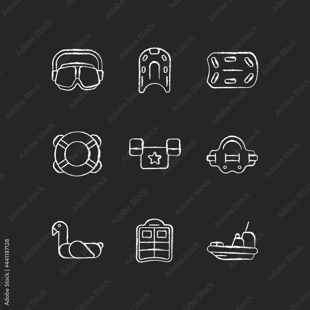 Swimming lessons chalk white icons set on dark background. Flotation aid. Ring buoy. Puddle jumper. Aquatic fitness. Eyes protection in swimming pool. Isolated vector chalkboard illustrations on black