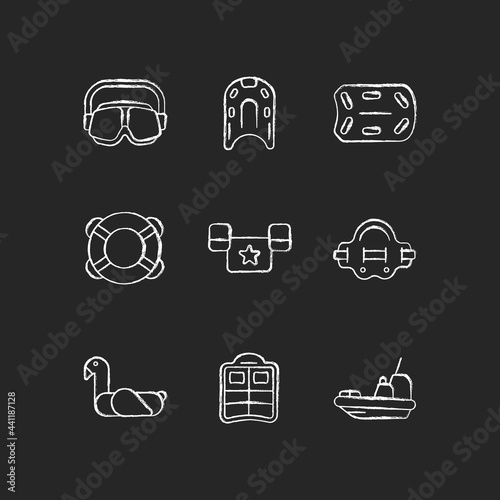 Swimming lessons chalk white icons set on dark background. Flotation aid. Ring buoy. Puddle jumper. Aquatic fitness. Eyes protection in swimming pool. Isolated vector chalkboard illustrations on black