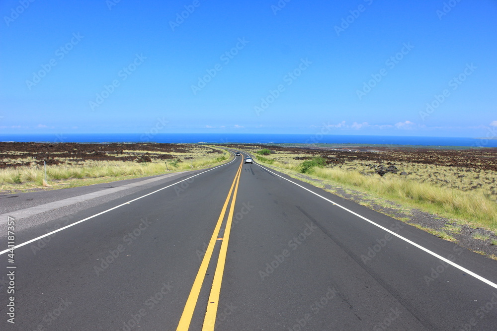 ハワイ島（ビッグアイランド）。緑に覆われた溶岩の大地。青い空と白い空。まぶしい太陽の光が降り注ぐ。大地を貫き、海へ向かう自動車道。