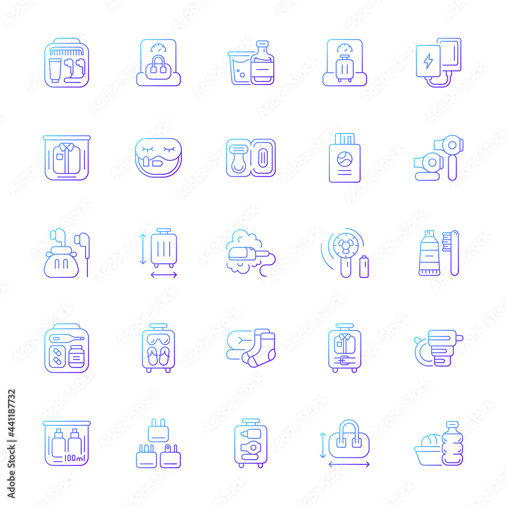 Travel size objects gradient linear vector icons set. Portable stuff for flight passenger. Essential things. Thin line contour symbols bundle. Isolated vector outline illustrations collection Travel size objects gradient linear vector icons set. Portable stuff for flight passenger. Essential things. Thin line contour symbols bundle. Isolated vector outline illustrations collection