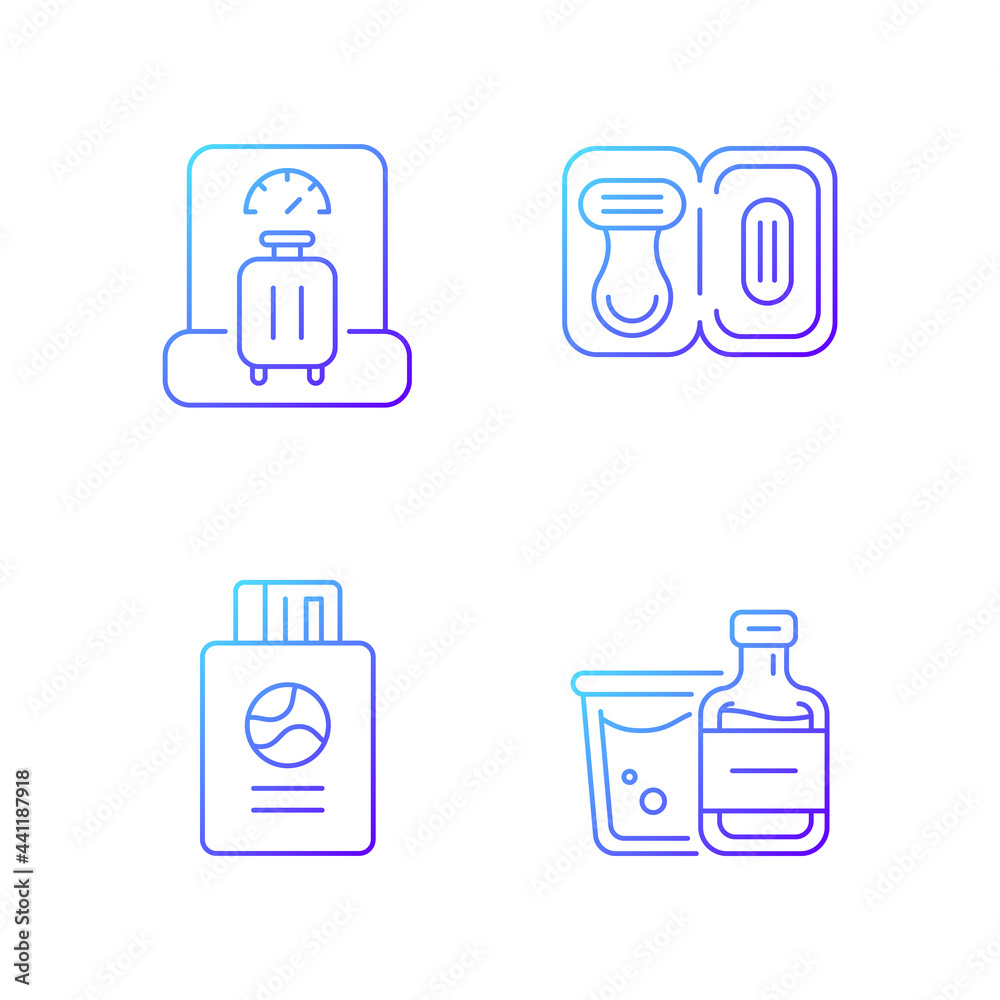 Tourist baggage for travel gradient linear vector icons set. Luggage check. Passport with ticket. Thin line contour symbols bundle. Isolated vector outline illustrations collection