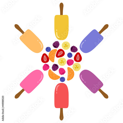Vector collection of colorful ice cream of different flavors: strawberry, tangerine, blueberry, raspberry, blackberry, banana. Illustration on white background.