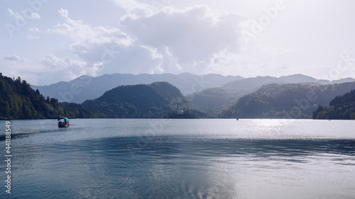 Lake Bled Slovenia. Beautiful mountain Bled lake with small Pilgrimage Church. Most famous Slovenian lake and island Bled with Pilgrimage Church of the Assumption of Maria. Bled, Slovenia.