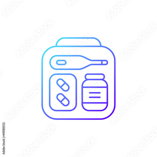 Mini first aid kit gradient linear vector icon. Emergency bag with medication for trip. Travel size objects. Thin line color symbols. Modern style pictogram. Vector isolated outline drawing