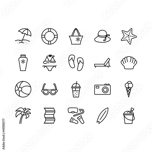 Summer beach flat line icons set. Beach, snorkeling, cocktail, sun lotion, palm tree, flip flop. Simple flat vector illustration for store, web site or mobile app