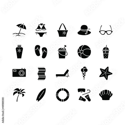 Summer beach flat line icons set. Beach, snorkeling, cocktail, sun lotion, palm tree, flip flop. Simple flat vector illustration for store, web site or mobile app