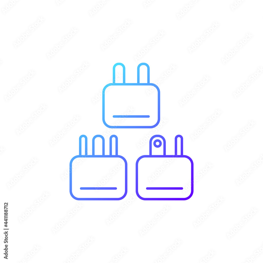 Travel adapter gradient linear vector icon. Universal plug for airplane passenger. Travel size objects. Thin line color symbols. Modern style pictogram. Vector isolated outline drawing Travel adapter gradient linear vector icon. Universal plug for airplane passenger. Travel size objects. Thin line color symbols. Modern style pictogram. Vector isolated outline drawing