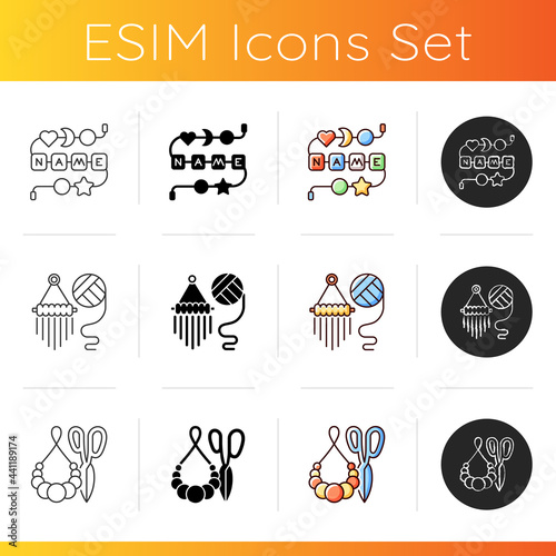 Creative activities icons set. Yarn wall hangings. Personalised silicone teether chain. Handmade pom pom jewelry. Boho style. Linear, black and RGB color styles. Isolated vector illustrations