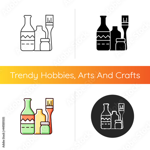 Bottle painting icon. Home decor. Repurposed wine bottles. Flower homemade vases. Glass-painting project. DIY craft. Recycled jars. Linear black and RGB color styles. Isolated vector illustrations