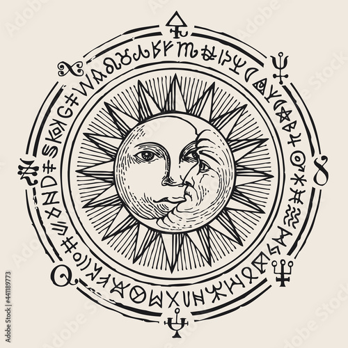 Vector banner with hand-drawn Sun, crescent Moon and esoteric symbols on an old beige background. Retro style illustration in the form of a circle with black drawings, magic signs and runes