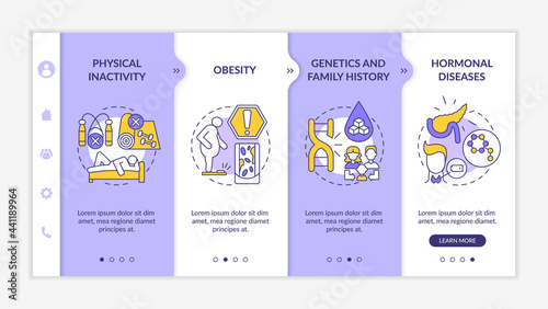 Diabetes causes onboarding vector template. Responsive mobile website with icons. Web page walkthrough 4 step screens. Everyday physical inactivity color concept with linear illustrations