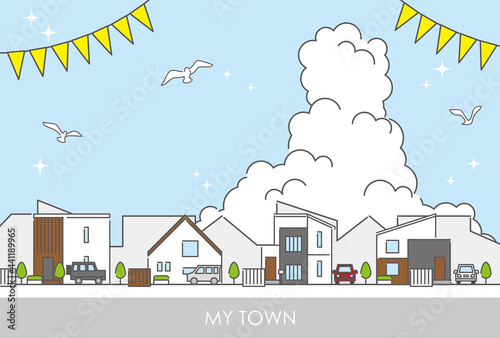 郊外の住宅街をイメージした街並みのイラスト素材