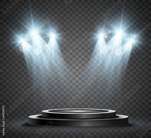 Winner background with signs of first, second and third place on a round pedestal. Vector winner podium sports symbols.	