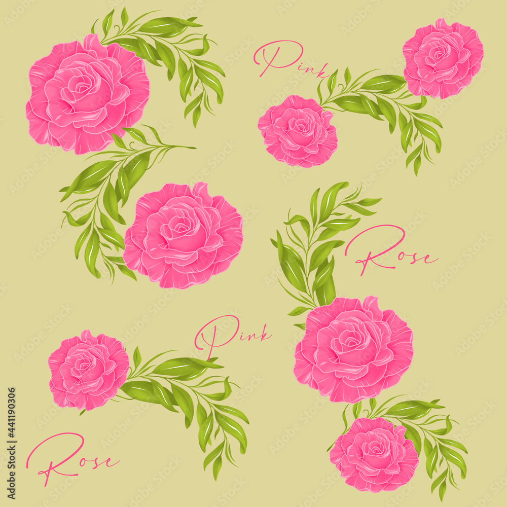 seamless pattern with pink roses and leaves. Pink Roses on green background seamless pattern with pink roses and leaves. Pink Roses on green background