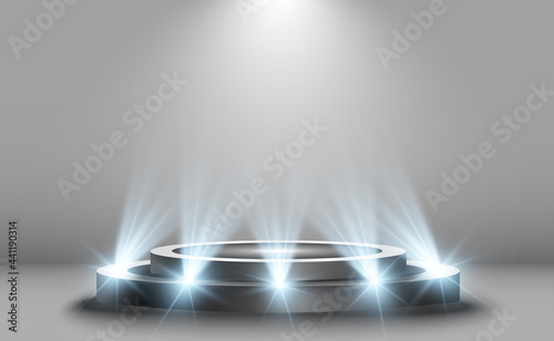 Winner background with signs of first, second and third place on a round pedestal. Vector winner podium sports symbols.	