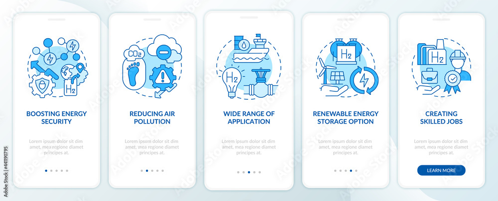 H2 technologies benefits onboarding mobile app page screen. Reduce air pollution walkthrough 5 steps graphic instructions with concepts. UI, UX, GUI vector template with linear color illustrations