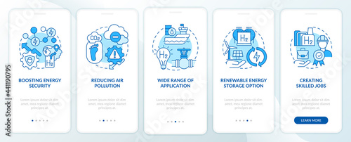 H2 technologies benefits onboarding mobile app page screen. Reduce air pollution walkthrough 5 steps graphic instructions with concepts. UI, UX, GUI vector template with linear color illustrations