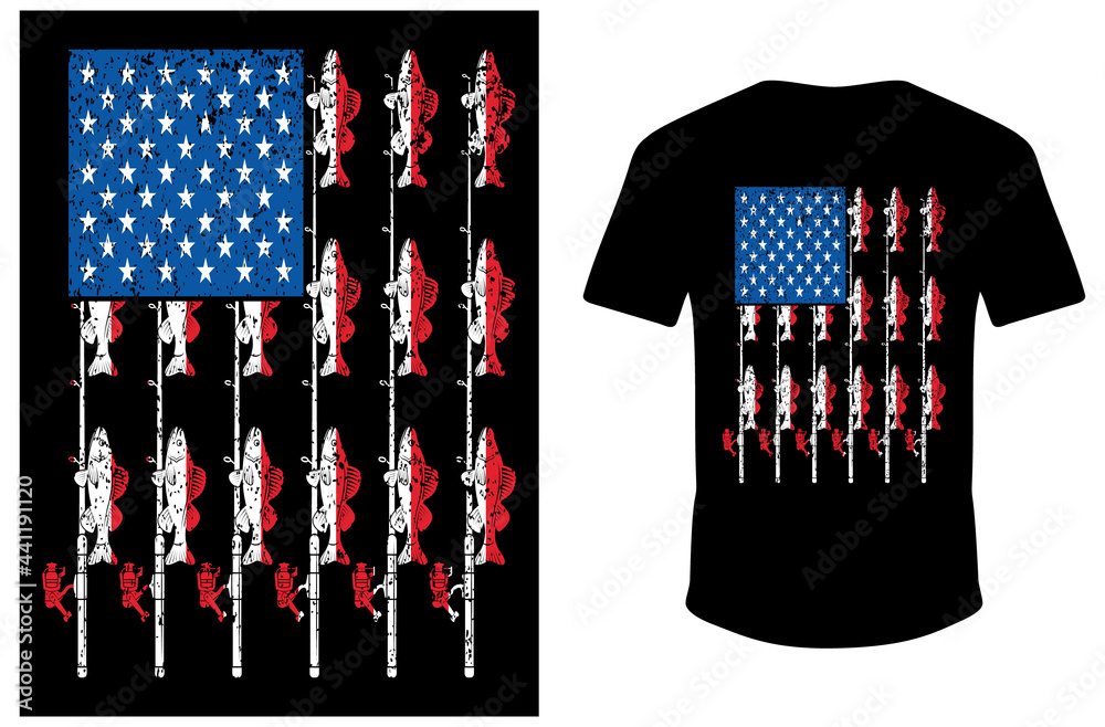 Fishing T-shirt. USA Fishing Flag T-shirt Design. Vector Fishing
