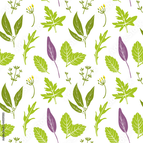 Seamless pattern with bay leaves, arugula, mint, parsley, thyme, sage. Colorful paper cut culinary herbs isolated on white background. Doodle hand drawn vector illustration