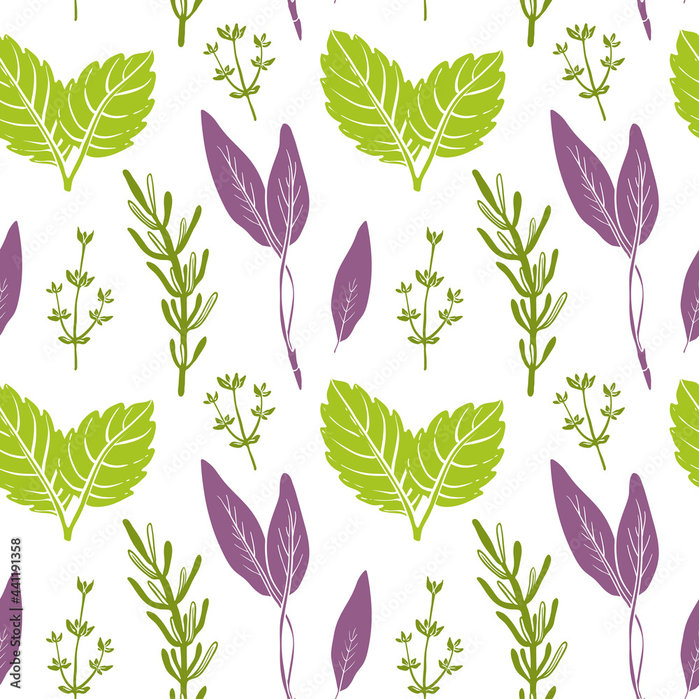 Seamless pattern with rosemary, mint, sage, thyme. Colorful paper cut culinary herbs isolated on white background. Doodle hand drawn vector illustration Seamless pattern with rosemary, mint, sage, thyme. Colorful paper cut culinary herbs isolated on white background. Doodle hand drawn vector illustration