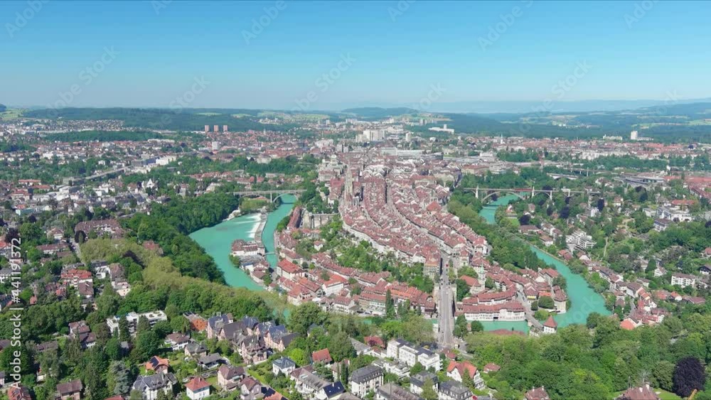 Bern: Aerial view of capital city of Switzerland, historic city center above clear turquoise waters of river Aare - landscape panorama of Europe from above