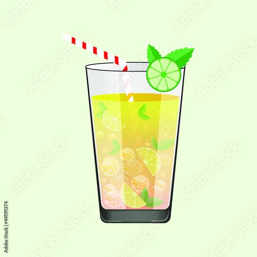 Orange juice vector, juice in a glass. Refreshing cold summer drink with ice cubes and mint. Vector illustration. 