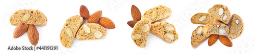 Set with different tasty cantucci on white background, top view. Traditional Italian almond biscuits