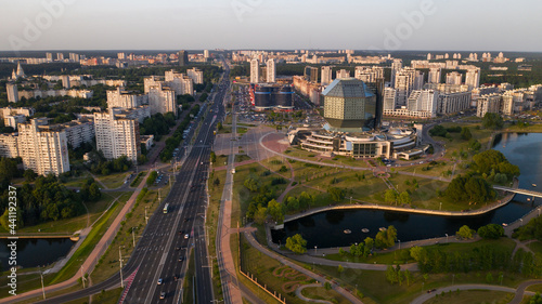 View from the roof of the National Library in Minsk at sunset. Belarus, public building photo