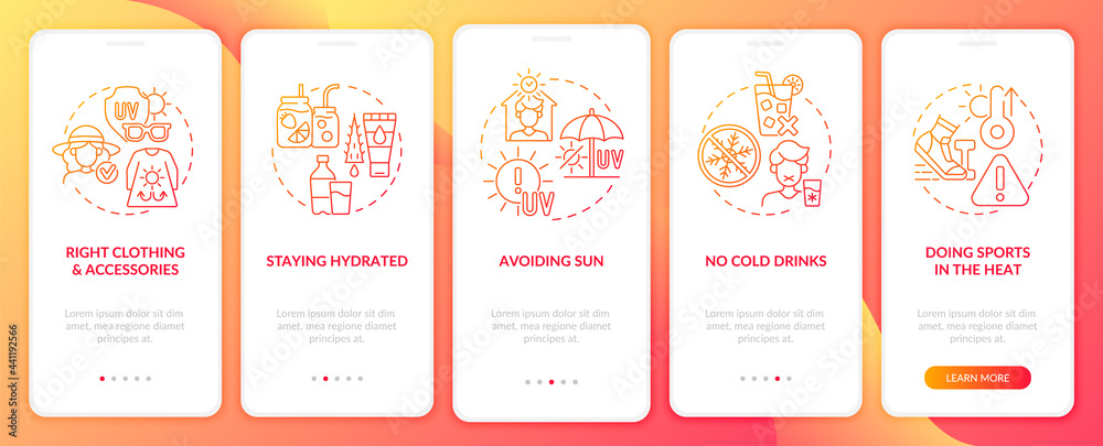 Avoid Sunight Heat exhaustion prevention onboarding mobile app page screen. Avoiding ...