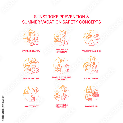 Sunstroke prevention concept icons set. Summer vacation safety idea thin line color illustrations. Home security. Avoiding sunlight. Beach and swimming pool safety. Vector isolated outline drawings © bsd studio
