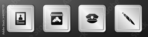 Set Wanted poster, Evidence bag with gun, Police cap cockade and Marijuana joint icon. Silver square button. Vector