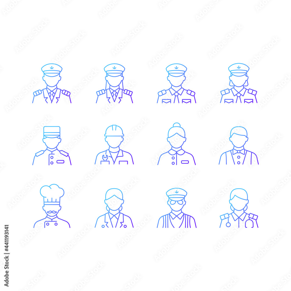 Cruise and hotel staff gradient linear vector icons set. Comfortable vacation. Proffesional crew controlling. Thin line contour symbols bundle. Isolated vector outline illustrations collection Cruise and hotel staff gradient linear vector icons set. Comfortable vacation. Proffesional crew controlling. Thin line contour symbols bundle. Isolated vector outline illustrations collection