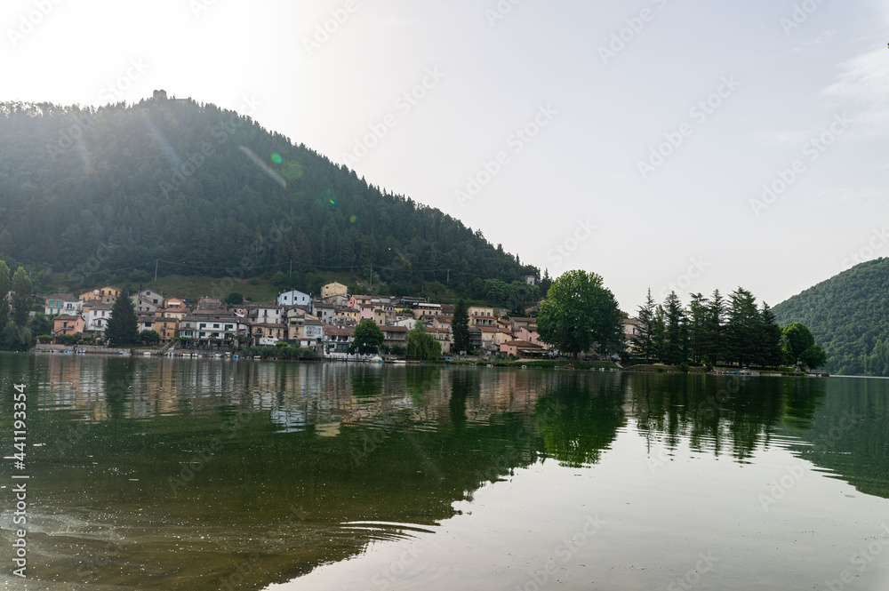panorama of the village of piediluco and the lake