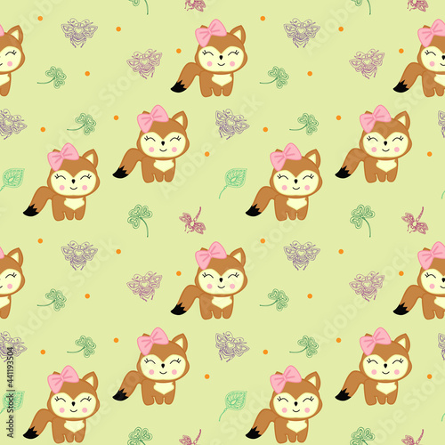Seamless pattern with cute chanterelle and bright dragonfly, bee and green leaves