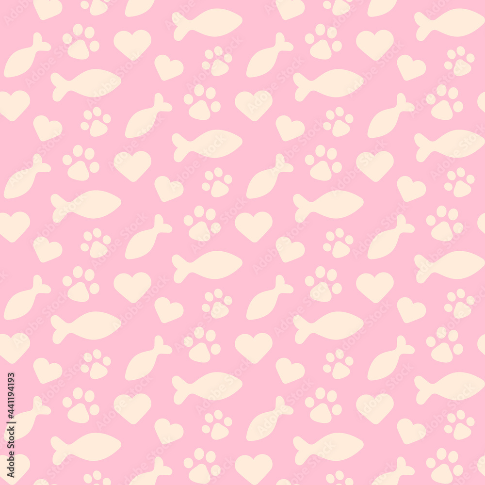 Pet flat symbols of fish, heart, paw, shapes on pink background seamless square pattern. Cat style color vector theme template. Design element on the subject of kitten, pets, cats and feline.