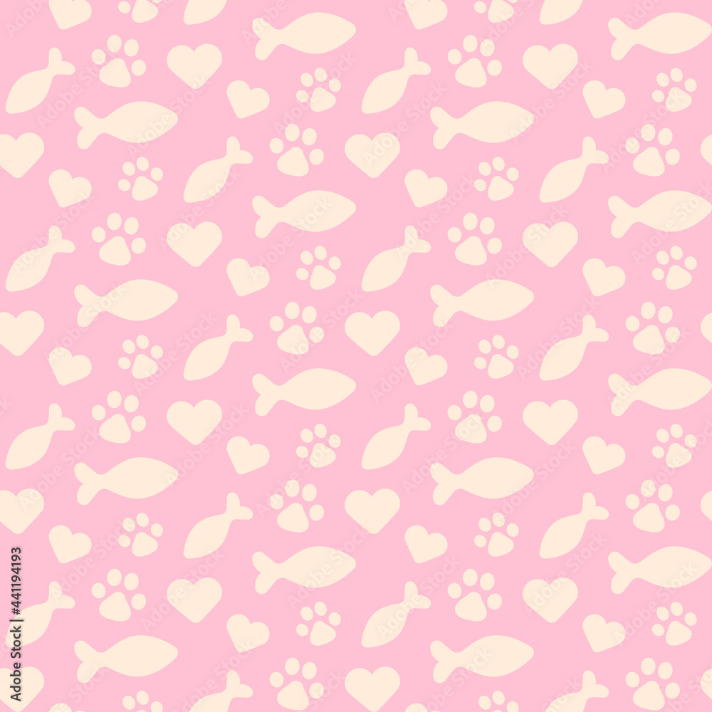 Pet flat symbols of fish, heart, paw, shapes on pink background seamless square pattern. Cat style color vector theme template. Design element on the subject of kitten, pets, cats and feline. Pet flat symbols of fish, heart, paw, shapes on pink background seamless square pattern. Cat style color vector theme template. Design element on the subject of kitten, pets, cats and feline.