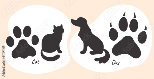 Vector illustration of a comparison the paws of a dog and a cat. Educational interesting infographics showing visual differences between domestic dog and cat. Black outlines of various animal tracks.