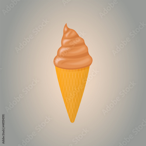 Delicious chocolate ice cream in a waffle cone. Summer food for cooling. Appetizing volumetric illustration