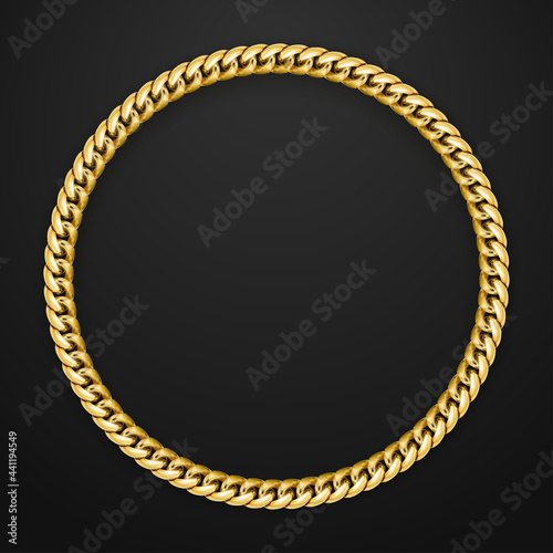 Vector realistic gold chain on black background. Space for text. Round gold jewelry frame. photo