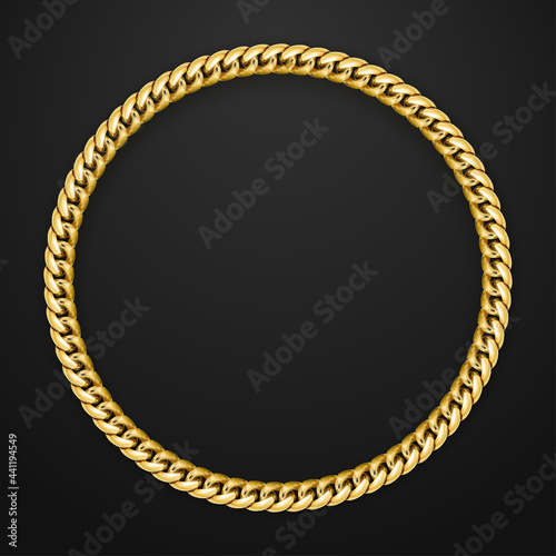 Vector realistic gold chain on black background. Space for text. Round gold jewelry frame.