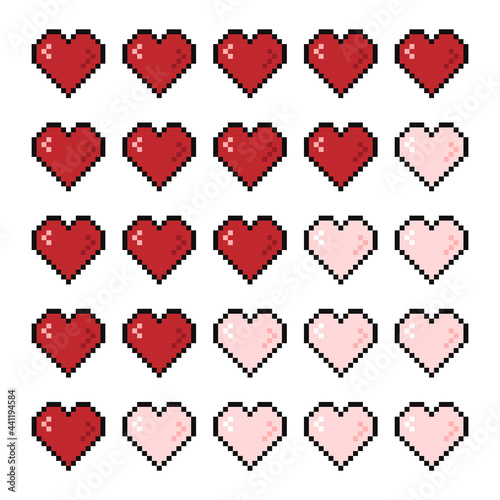 Gaming 8 bit life bar. Pixel game controller health heart bar.