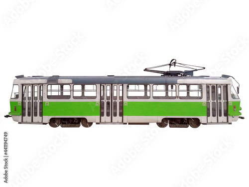 Green tram isolated on white.